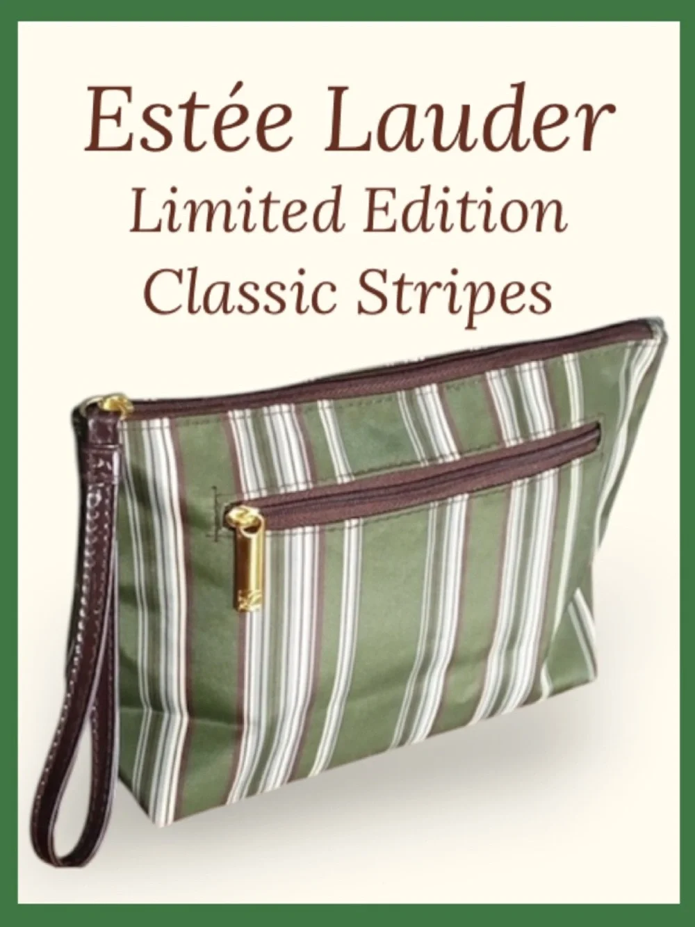 Estée Lauder Cosmetic Bag Makeup Travel Case Green Brown Striped NEW